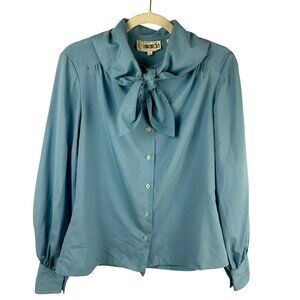Vintage 70s Amanda Blouse Women Medium Blue Long Sleeve‎ Button Boho Cottagecore